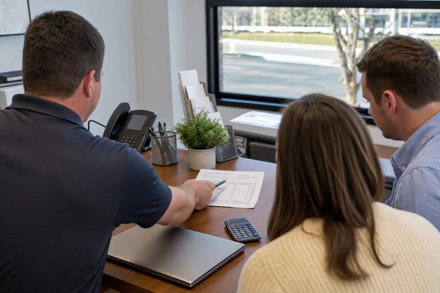 Agent in a navy polo points a pen at a printed sheet on a wooden desk as a couple reads along, with a calculator, closed laptop, desk phone and street-view window